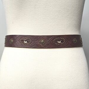 Hollister Brown Leather Belt M Embossed Brass Buckle Studded Y2K Western Boho‎